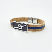 Load image into Gallery viewer, Stoke Saver Onewheel™ bracelet in rustic cork with navy blue inlay strap and stainless steel clasp