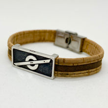 Load image into Gallery viewer, Stoke Saver Onewheel™ bracelet in rustic cork with brown inlay strap and stainless steel clasp