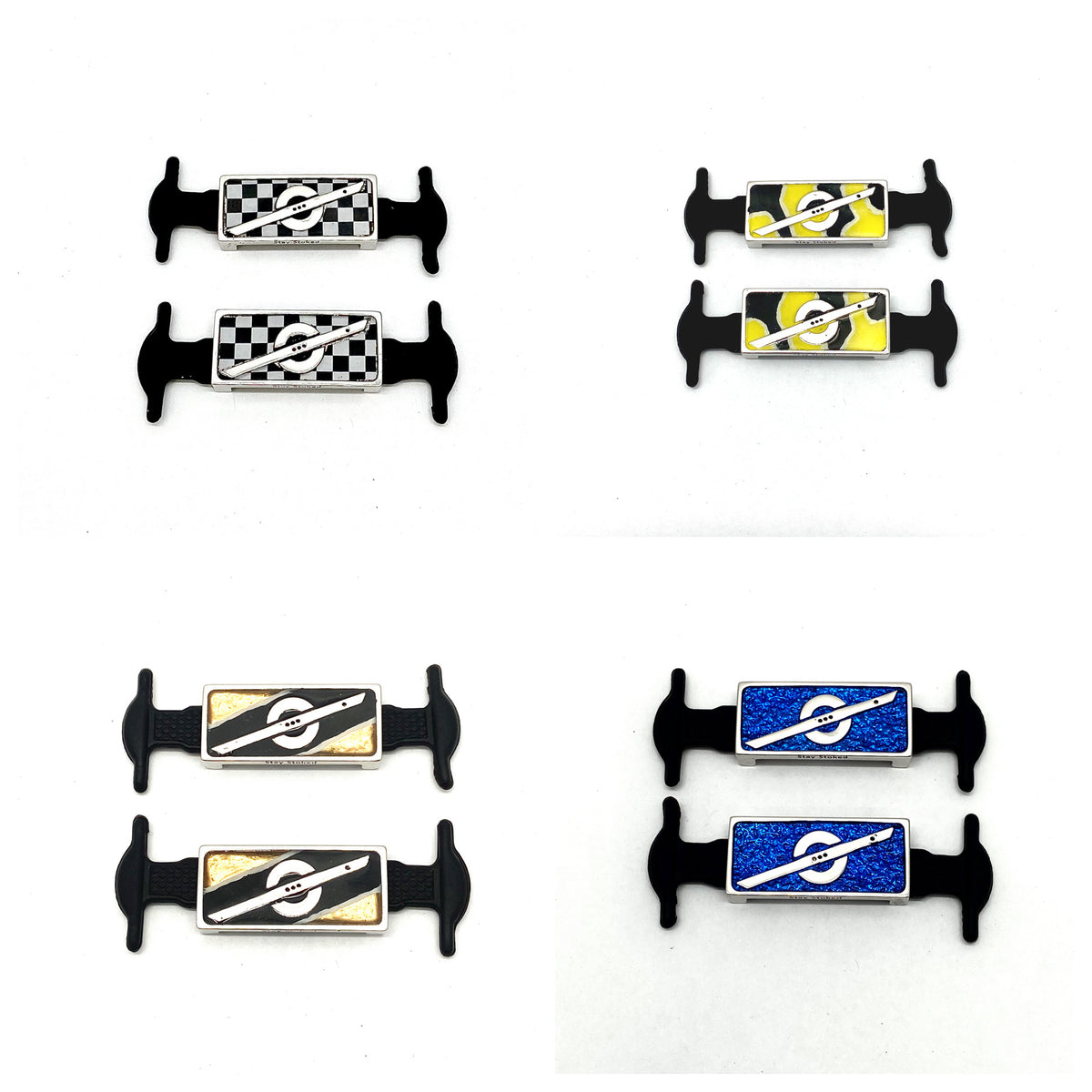 Stoke Saver shoe charms in black and white checkered flag, Julian style, blue electric color, and black and yellow camo