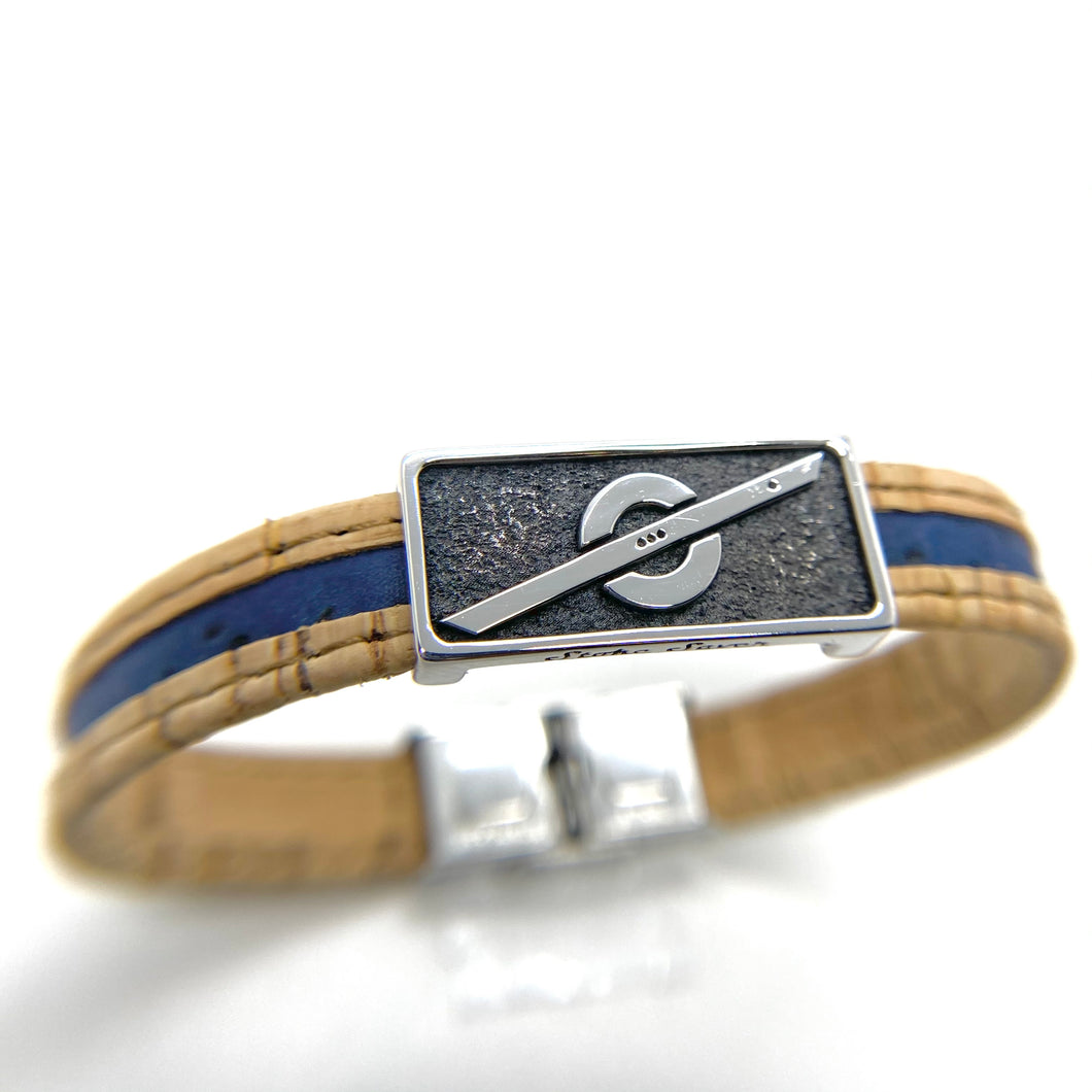 Stoke Saver Onewheel™ bracelet in rustic cork with navy blue inlay strap and stainless steel clasp