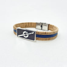 Load image into Gallery viewer, Stoke Saver Onewheel™ bracelet in rustic cork with navy blue inlay strap and stainless steel clasp
