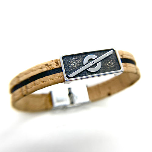 Stoke Saver Onewheel™ bracelet in rustic cork with black inlay strap and stainless steel clasp