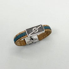 Load image into Gallery viewer, Stoke Saver Onewheel™ bracelet in rustic cork with turquoise inlay strap and stainless steel clasp

