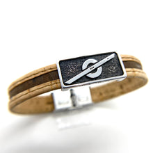 Load image into Gallery viewer, Stoke Saver Onewheel™ bracelet in rustic cork with brown inlay strap and stainless steel clasp
