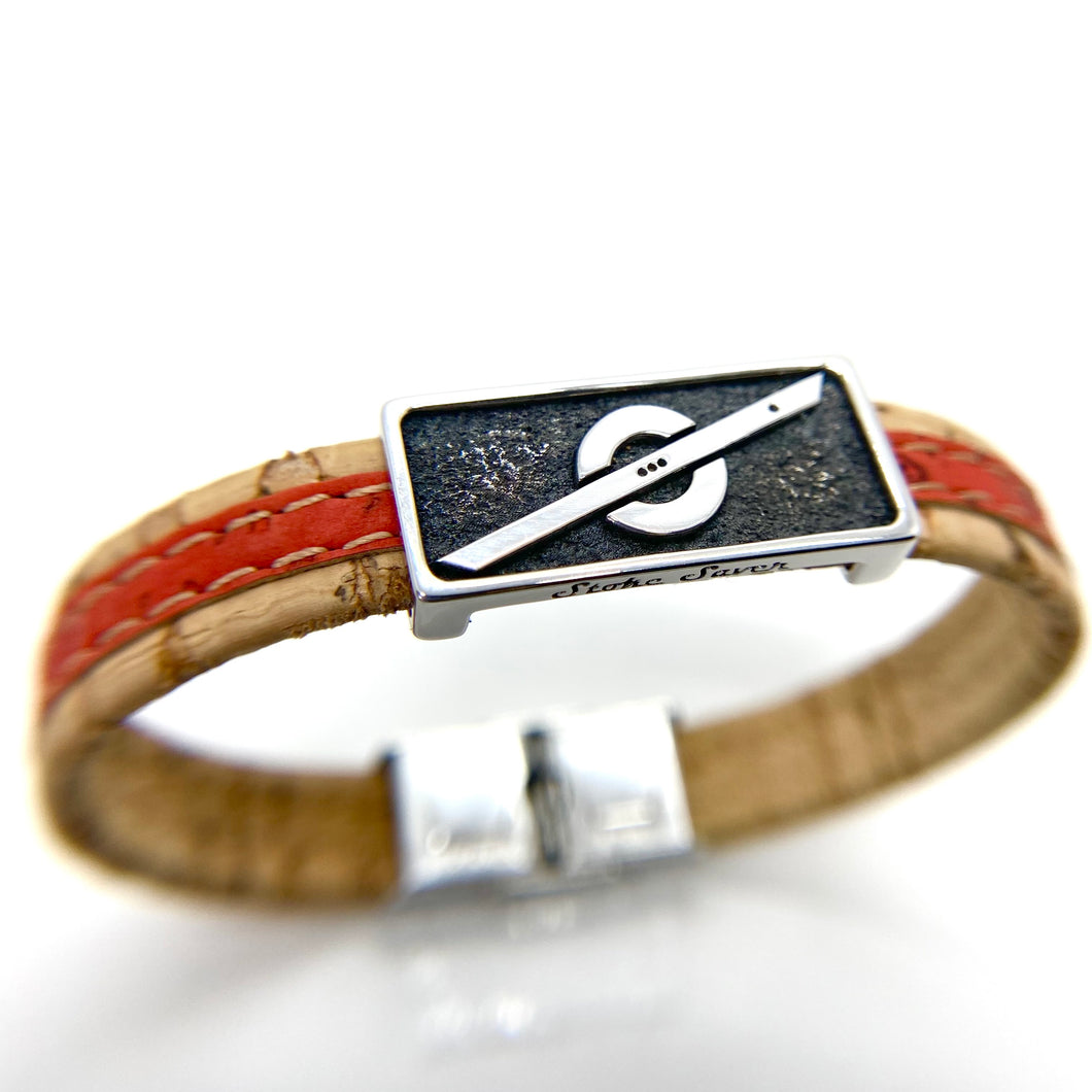 Stoke Saver Onewheel™ bracelet in rustic cork with red inlay strap and stainless steel clasp