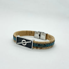 Load image into Gallery viewer, Stoke Saver Onewheel™ bracelet in rustic cork with turquoise inlay strap and stainless steel clasp
